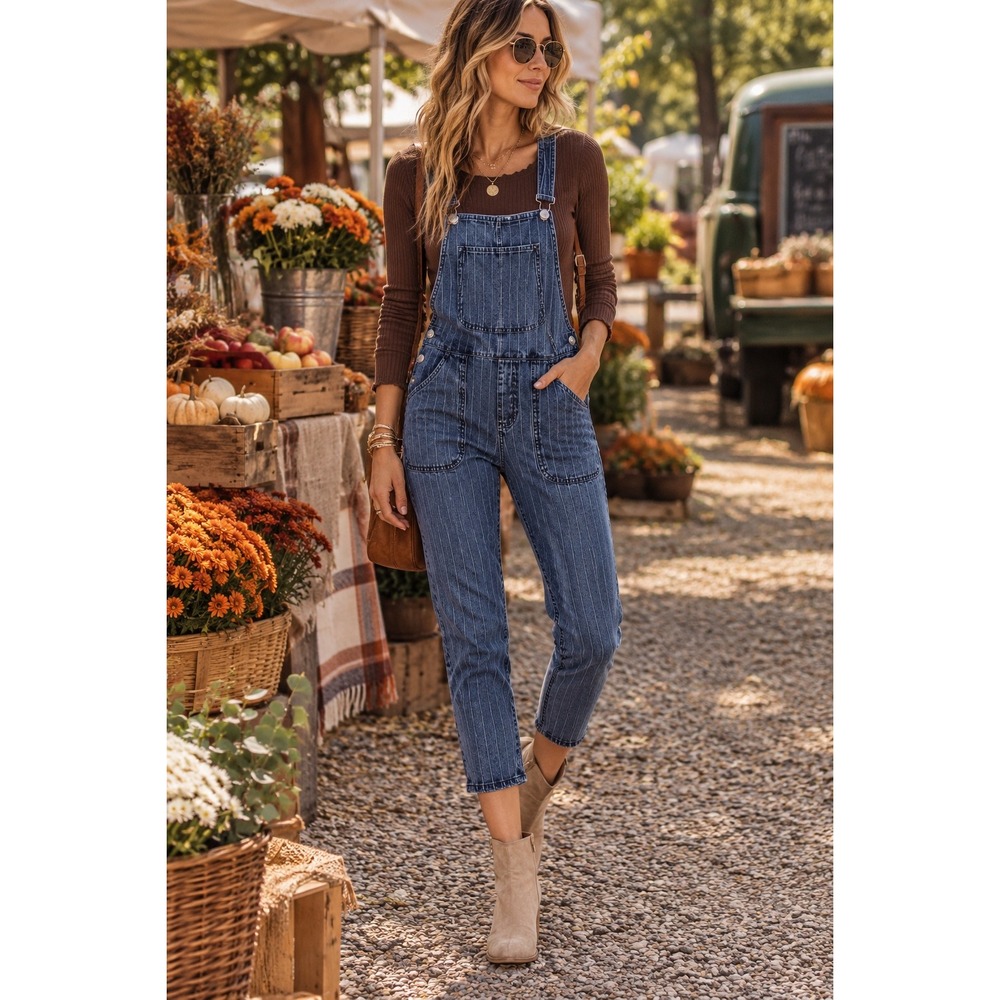 Z Supply French Terry Denim Pinstripe Bib‎ Overalls Women's Medium Blue